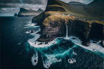 Landscape, drone view, Faroe island, sea, sky, island, rocks, cliff, tourism, waterfall, generative ai