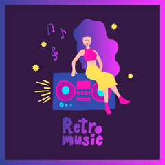 Funky girl music beautiful vector background. Colorful hipster young woman tape recorder retro banner