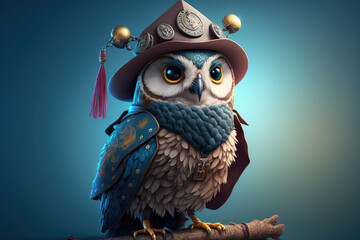 cute and curious owl wearing a baseball cap and playing with a baseball, generative ai