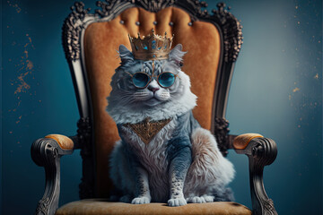 cool cat in sunglasses sits on a throne with  red royal king costume and a crown by ai generative 