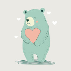 Happy cute little bear funny character with heart. Valentines day greeting holiday vector background.
