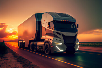 Self-driving truck on the Road. AI generated