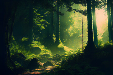 Green Forrest Landscape in Sunlight. AI generated