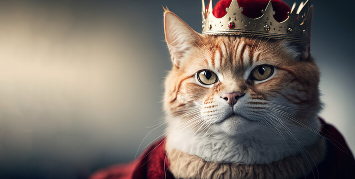 close up cat whit royals king  costume and crown, by ai generative