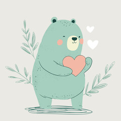 Happy cute little bear funny character with heart. Valentines day greeting holiday vector background.