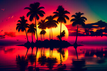 Obraz na płótnie Canvas Blue palm trees at sunset. Generative AI.