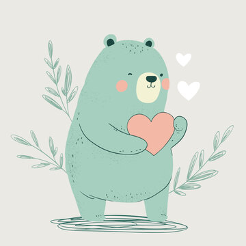 Happy cute little bear funny character with heart. Valentines day greeting holiday vector background. © trihubova