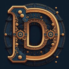 Capital letter D, steampunk alphabet in bronze metal and navy blue, AI generative.
