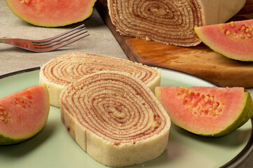 Typical Brazilian roll cake. Delicious dessert stuffed with guava paste.