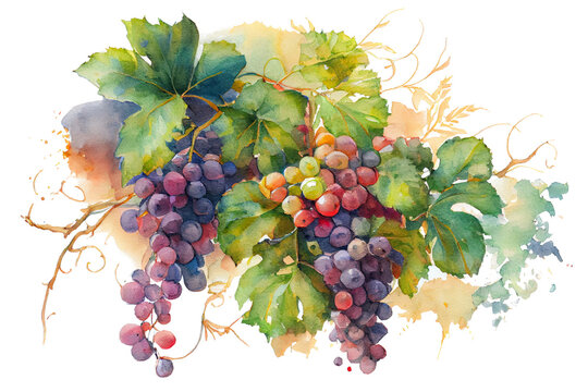 Watercolor drawing of ripe bunches of grapes with green leaves on a white background. Generative AI.