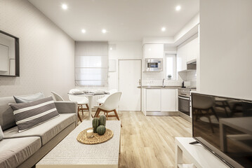 Furnished living room of a vacation rental loft apartment furnished with a gray sofa in front of a tv and an open plan kitchen with white cabinets and a round dining table