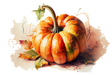Watercolor drawing of a large ripened pumpkin on a white background. Generative AI.
