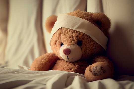 Teddy with bandage over head lying in bed. AI generated