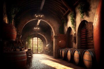 Fototapeta na wymiar Old cellar with bottles and barrels making wine, generative ai