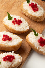 Japanese inari sushi. Japanese rice in a fried soy pockets.