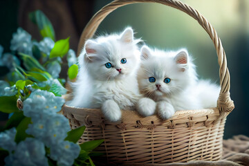 Fluffy white kittens sitting in a  wicker basket.  Generative AI.