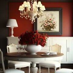 A formal dining room with a white table and red chairs. A white chandelier hangs from the ceiling, casting a warm light over the room. A red vase of white flowers sits in the center of the table. ...
