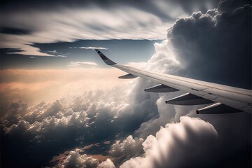 Airplane wing with the clouds passing by during a flight, created with Generative AI technology
