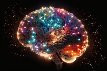 Brain covered with many glowing light bulbs, concept of ideas, creativity, bright mind, non standard thinking, created with Generative AI technology