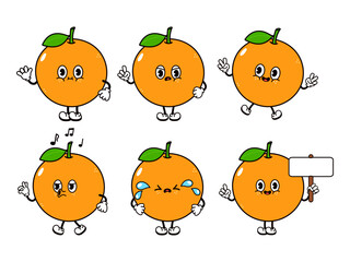 Fototapeta premium Funny cute orange fruit characters bundle set. Vector hand drawn doodle style traditional cartoon vintage, retro character illustration icon design. Isolated white background. Happy orange fruit