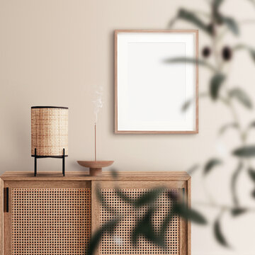 Interior Scene Frame Mockup With A Scandinavian Interior Scene And Smoking Incense Stick, Olive Branch, Canework Furniture.