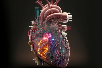 Fototapeta na wymiar The human heart is completely technological. A mechanized human heart. Human robot heart, humanoid robot heart. Generative AI