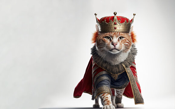 walking cat whit royals king  costume and crown, by ai generative