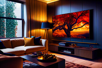 Living room with Big TV on the  wall in the room in a modern style. Elegant lixury living room with big tv screen.  Generative AI.