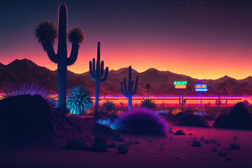 Neon desert sunset over mountains &mdash; Generative AI