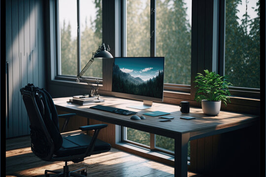 Modern home office with view of the forest &mdash; Generative AI