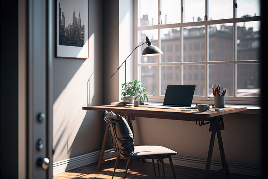 Home office desk with city view &mdash; Generative AI
