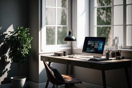 Home office desk with laptop computer &mdash; Generative AI