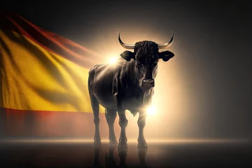 Zelfklevend Fotobehang Black bull in front of spain flag. Generative AI © AdriFerrer