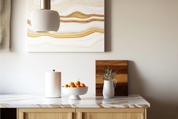 Interior of cozy modern wall room with vase, minimalism. Generative AI