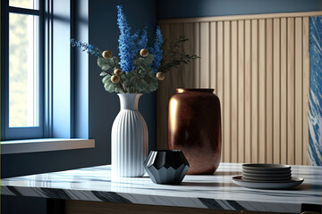 Interior of cozy modern wall room with vase, minimalism. Generative AI