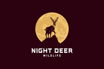 Wild deer logo design with vintage night moon background