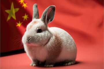 Picture of a rabbit, china flag, full background. Generative AI