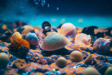 Fototapeta na wymiar Close-Up Of Seashells Underwater. Generative AI.