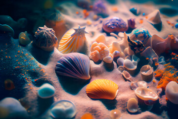 Close-Up Of Seashells Underwater.  Generative AI.