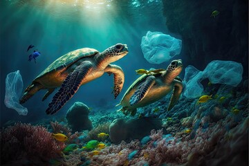 Turtles swimming between garbage bags. Generative AI