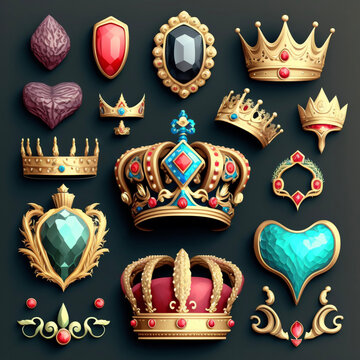 Medieval royalty crowns, jewels and gems, illustrated gaming elements collection, generative AI