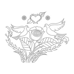 Cute Birds and Easy relaxing potted Rose Flowers Doodle Coloring Page for Adults and kids