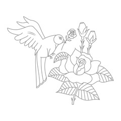 Cute Birds and Easy relaxing potted Rose Flowers Doodle Coloring Page for Adults and kids