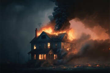 House on fire at night, 3D illustration, Generative AI illustrations