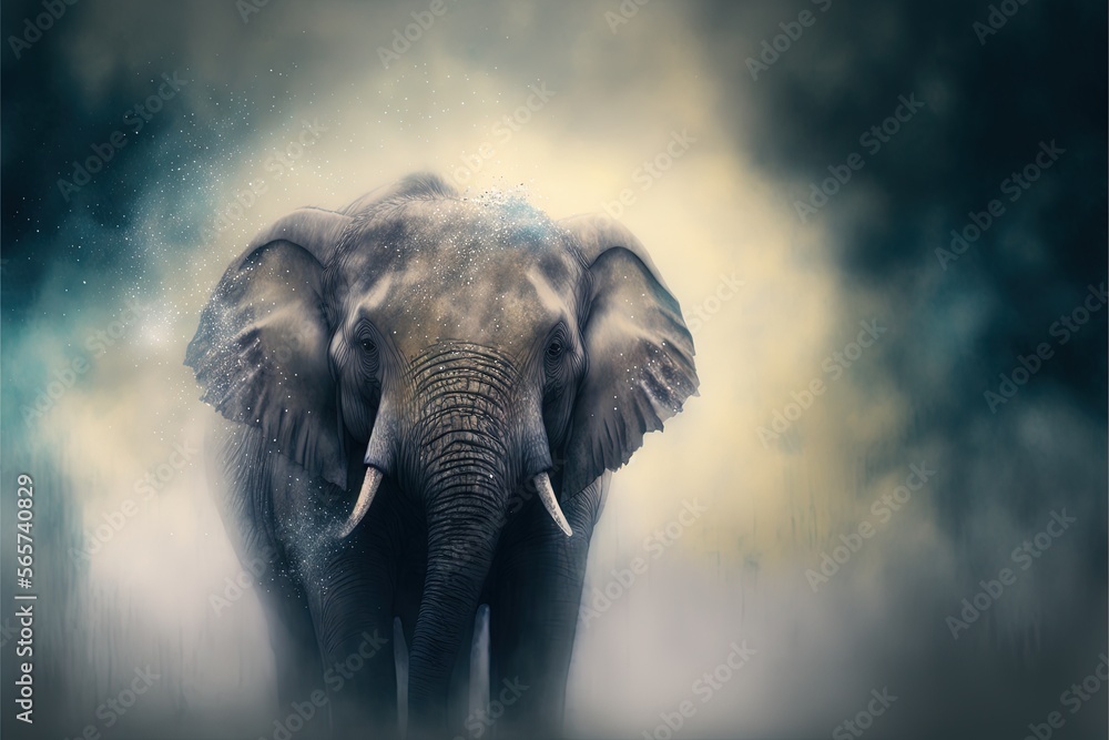 Aufkleber an elephant standing in the middle of a foggy forest with trees in the background and a sky filled w