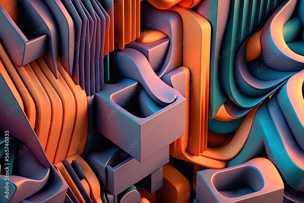 Poster a geometric tech background in vibrant colors. extruded futuristic forms and a stepped, colorful pat
