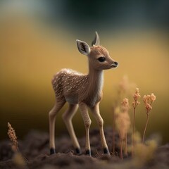 Cute baby deer on blurred natural background. Adorable roe fawn closeup portrait ai generated illustration.