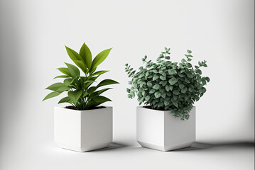 Two office plants in cube white pots spaced evenly from each other on a white background