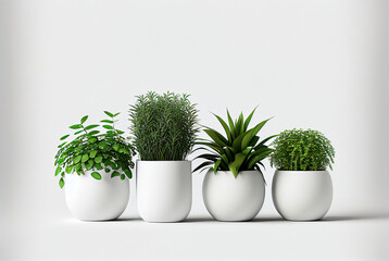 Four office plants in different white pots spaced evenly from each other on a white background