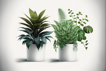 Two office plants in cyllindrical white pots spaced evenly from each other on a white background